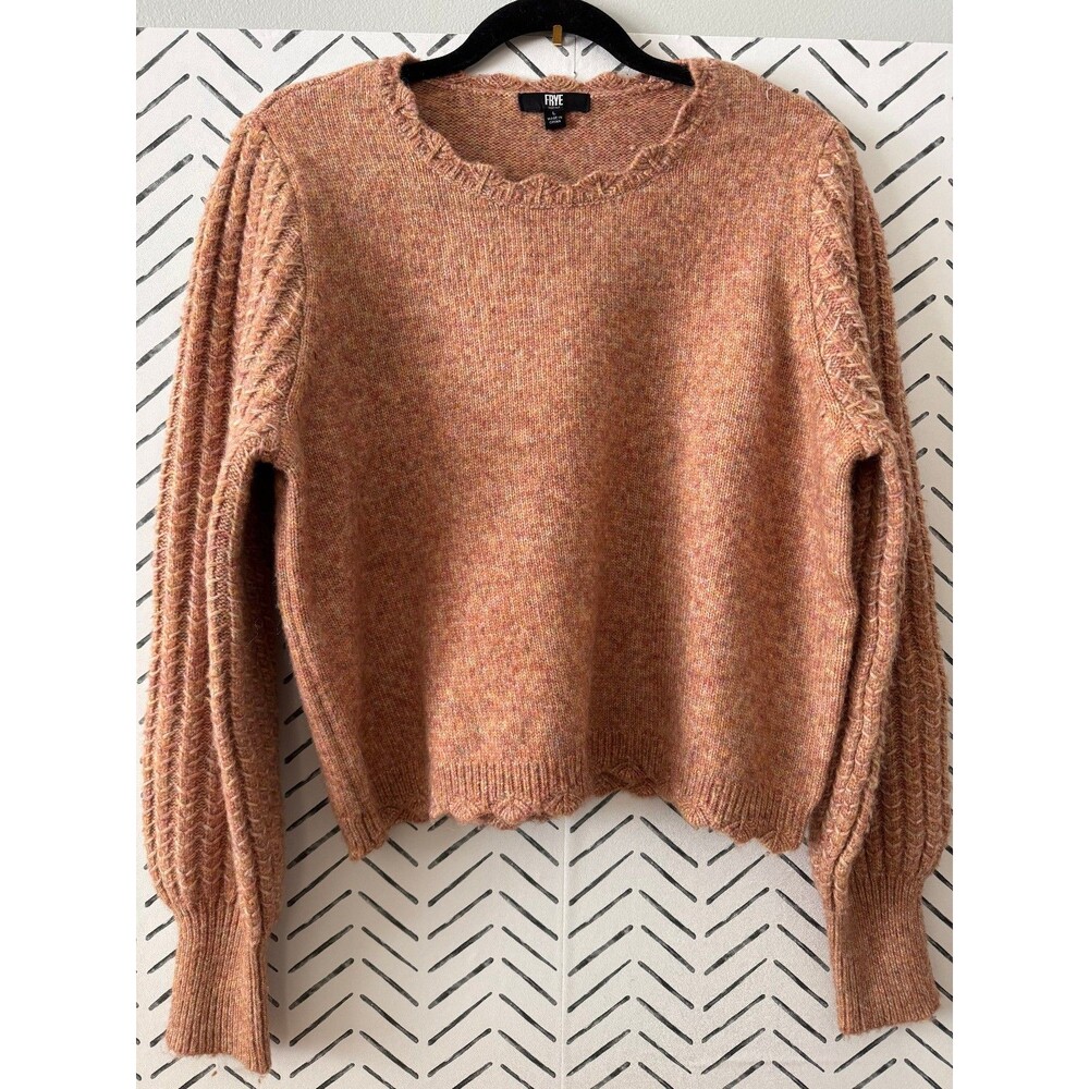 FRYE Women's Scalloped Wool Blend Sweater with Puff Cableknit Sleeves Size L